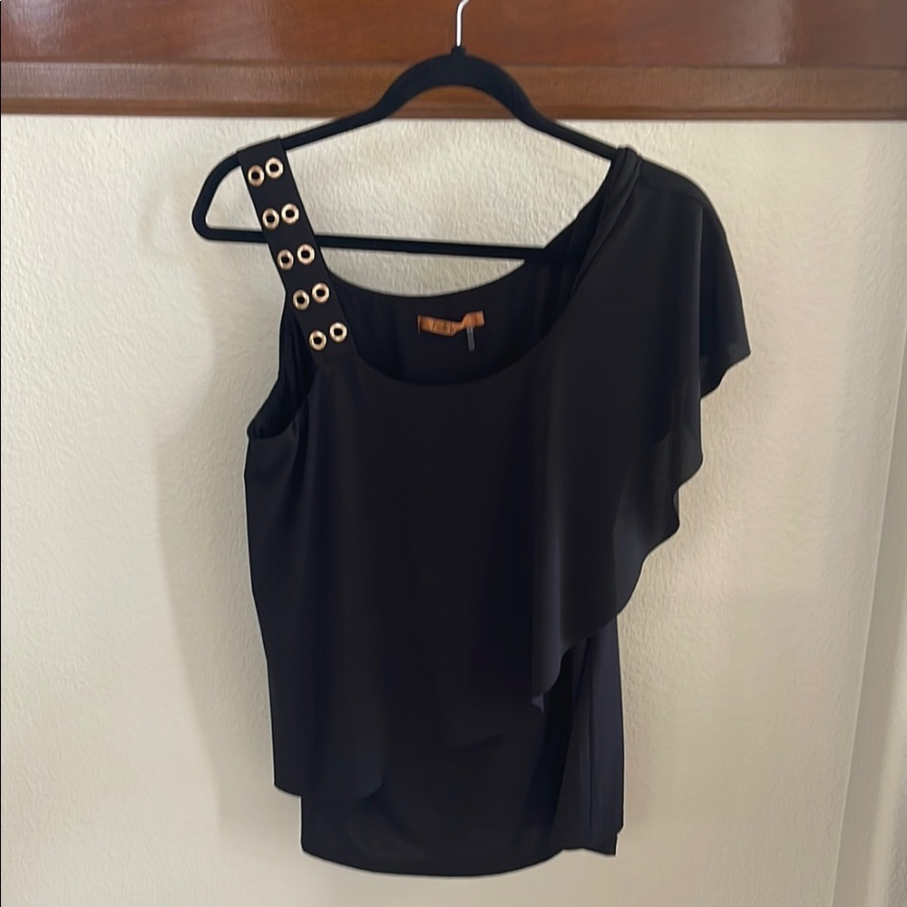 Black One shoulder ruffle Shirt with gold accents
